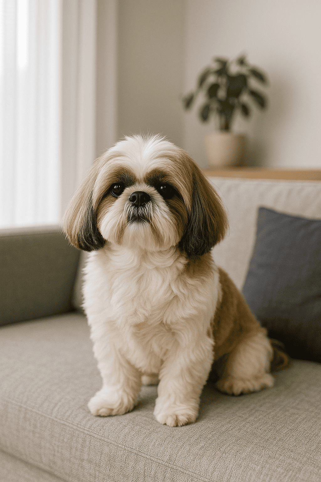 Shih Tzu de pelaje largo y esponjoso sentado en un sofá gris dentro de un departamento moderno con luz natural y una planta decorativa de fondo.